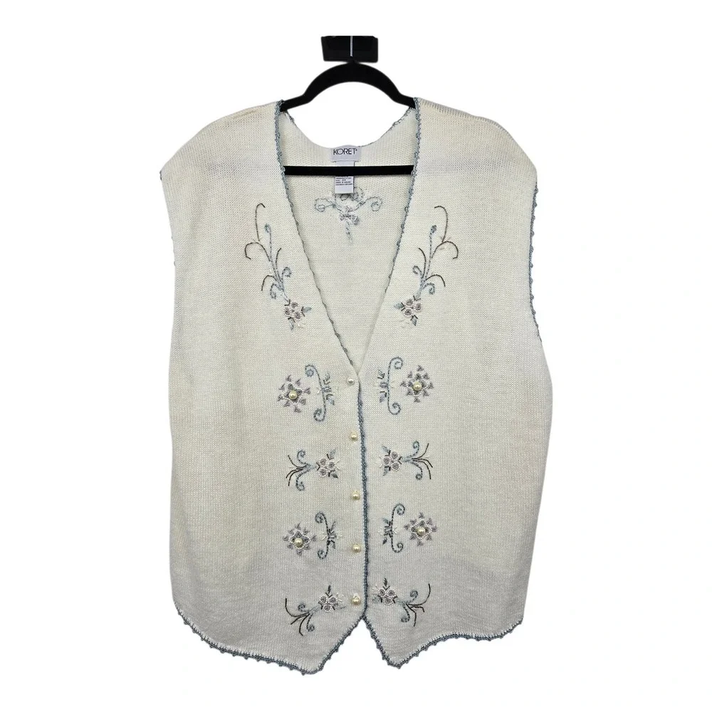 Vintage Koret Embroidered Sweater Vest Women 2X Ivory Beads Boho Cottage Grandma